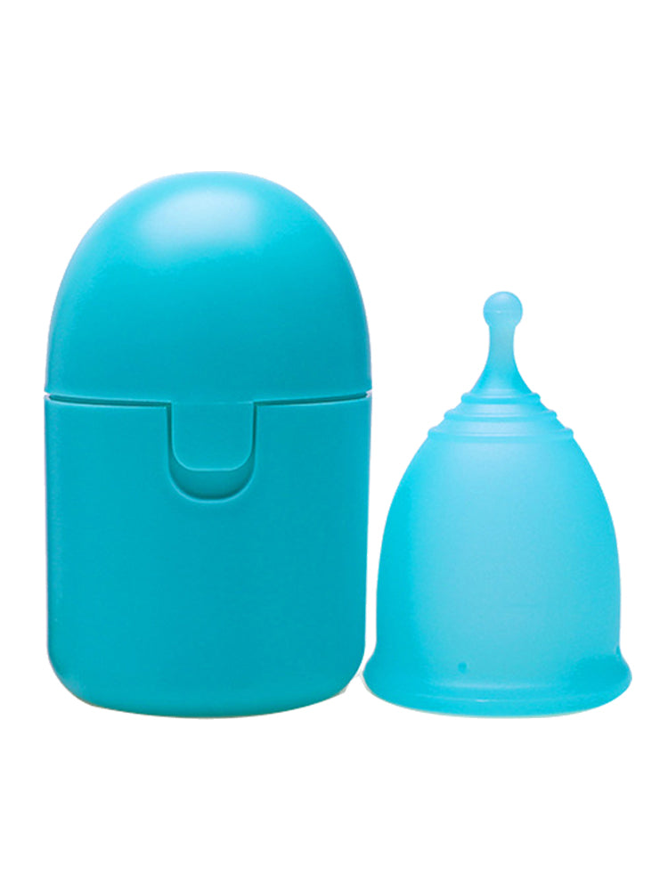 Blue silicone cup and its carrying case on a white background
