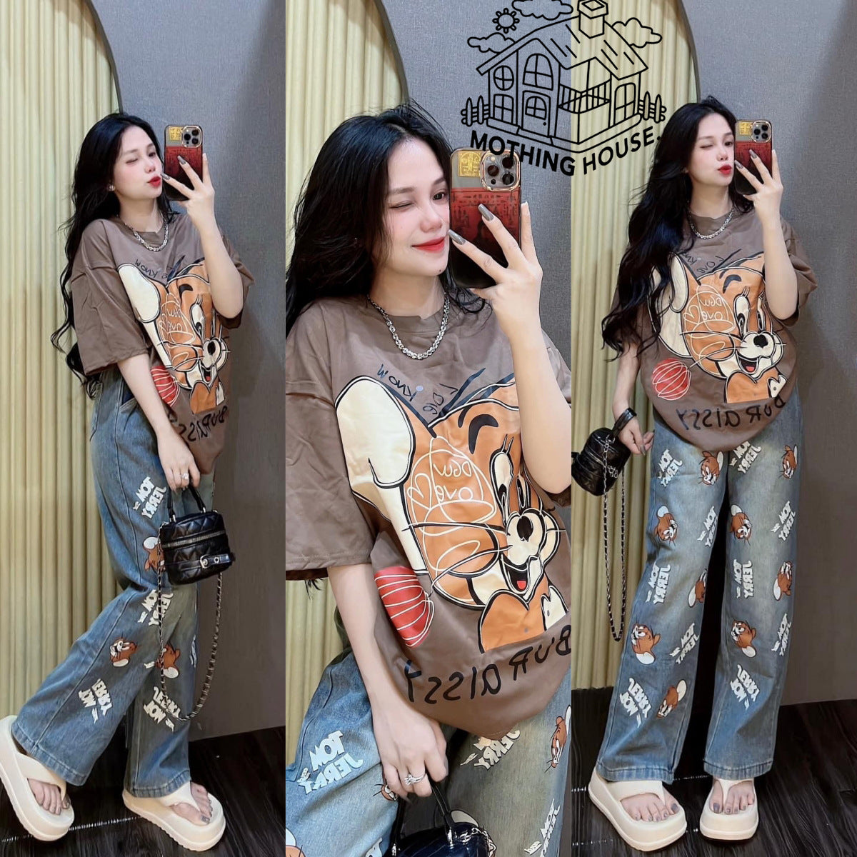 Brown t-shirt with jerry print a woman wearing it and holding a phone taking photo

