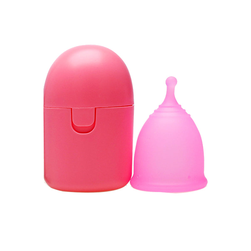 Pink menstrual cup and its carrying case on a white background