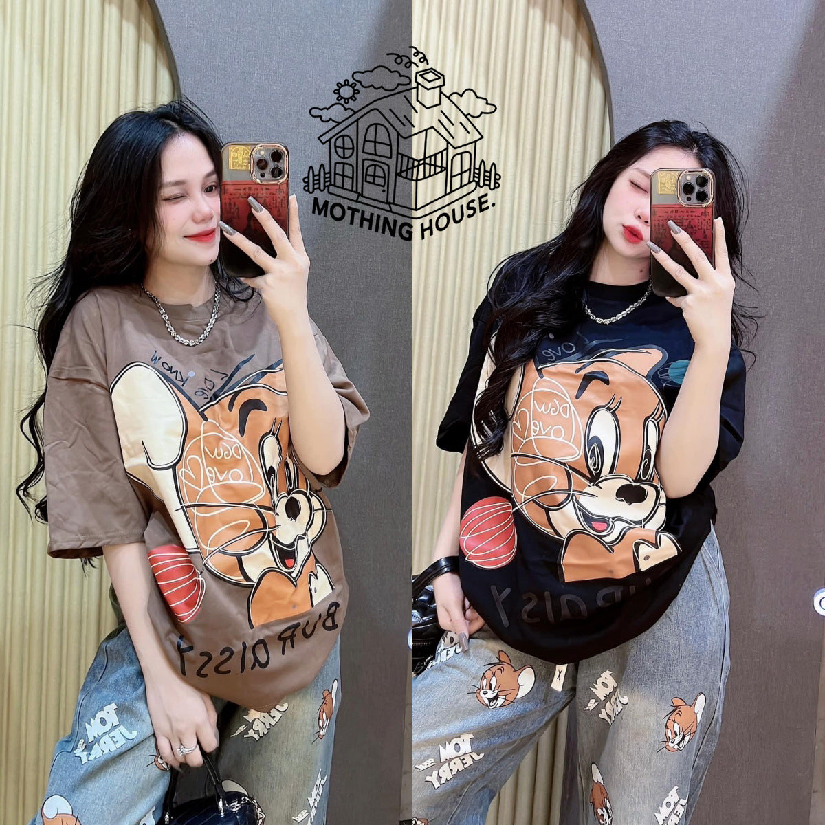 Two images of a person wearing a graphic t-shirt with a cartoon character, with 'MOTHING HOUSE' logo in the corner.