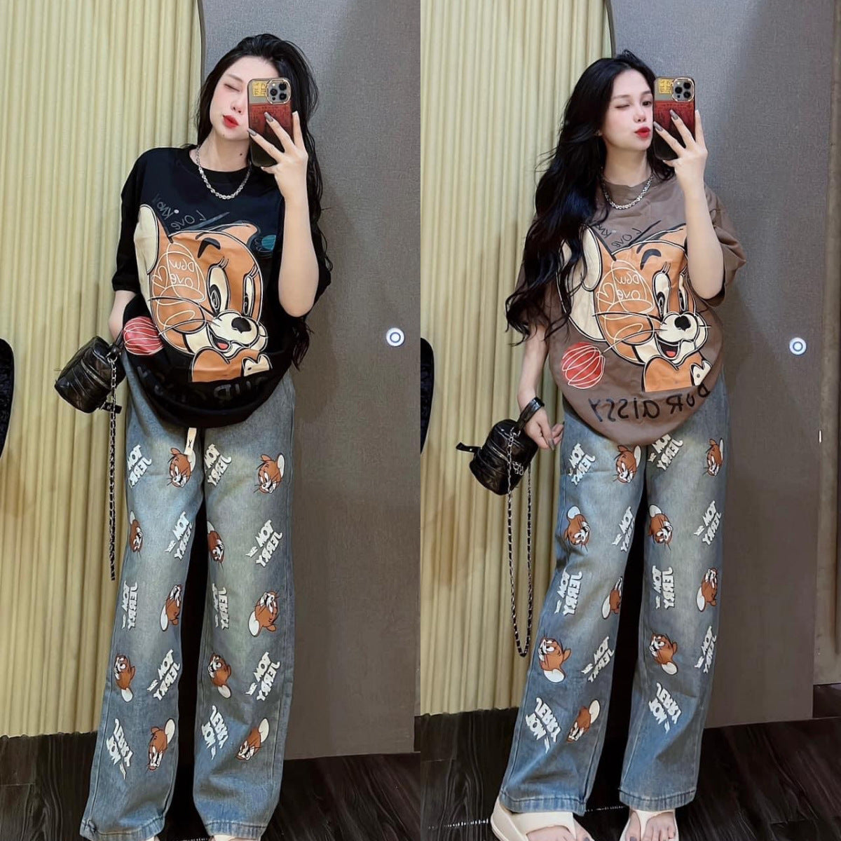 Two images of a person wearing a graphic t-shirt and jeans with cartoon character design.