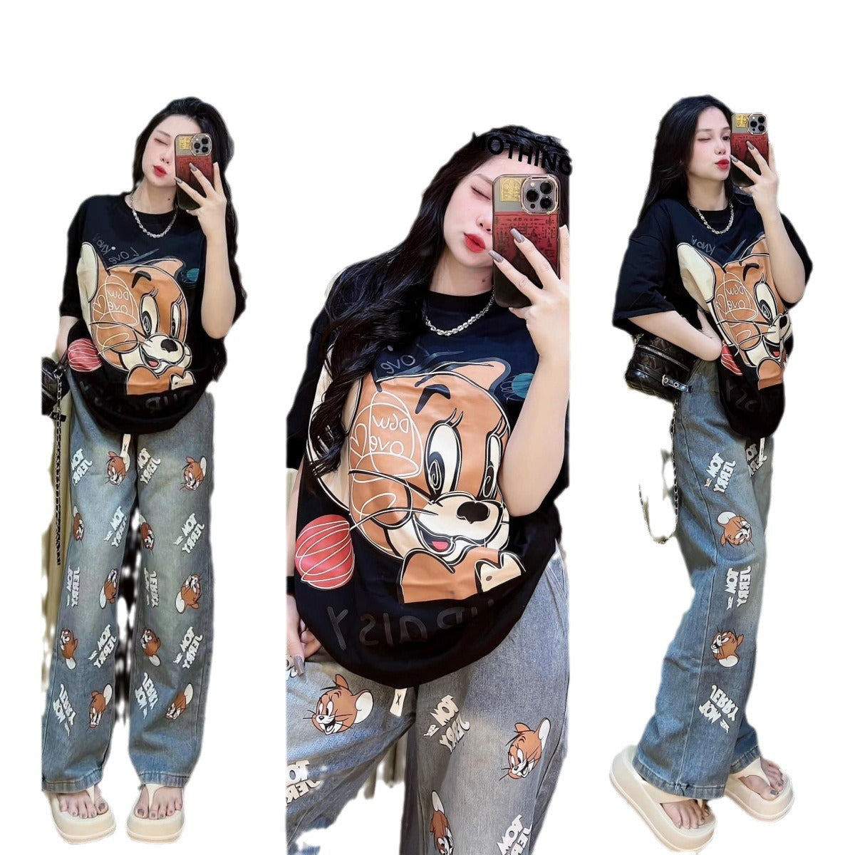 Person wearing a graphic t-shirt and jeans with cartoon character design.