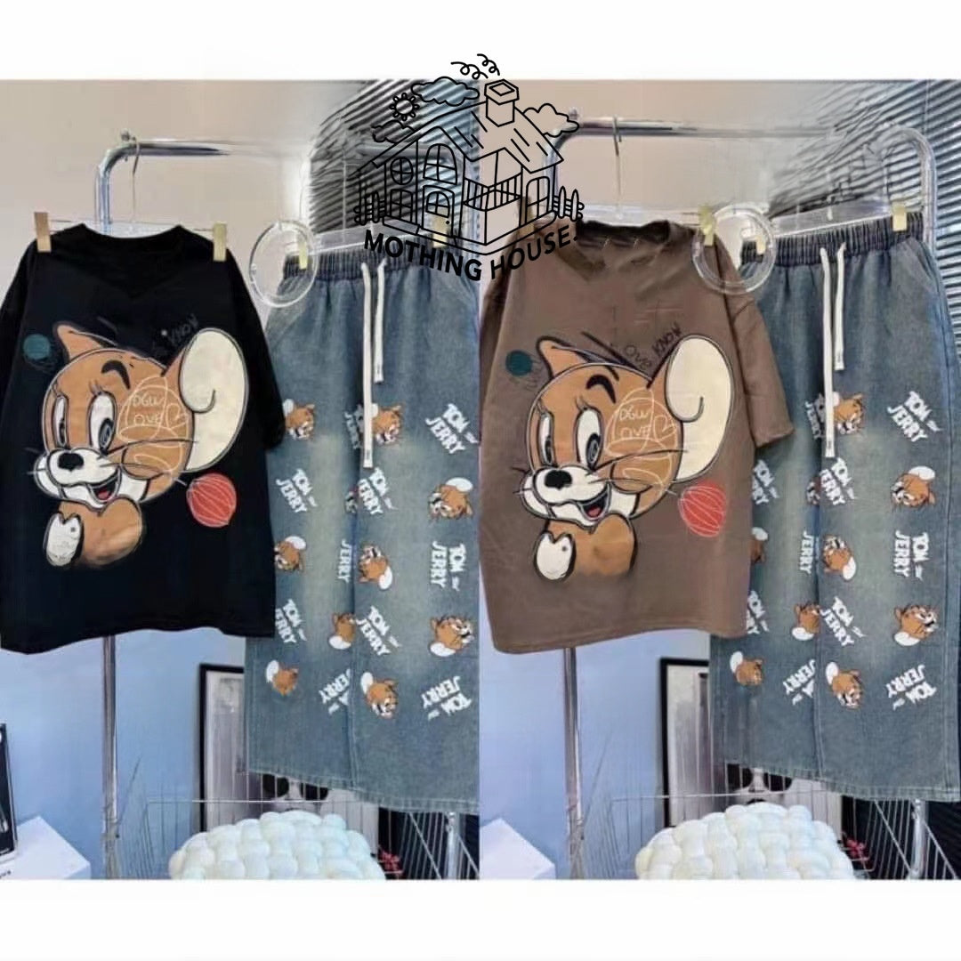 Children's clothing set with cartoon character design on a rack.
