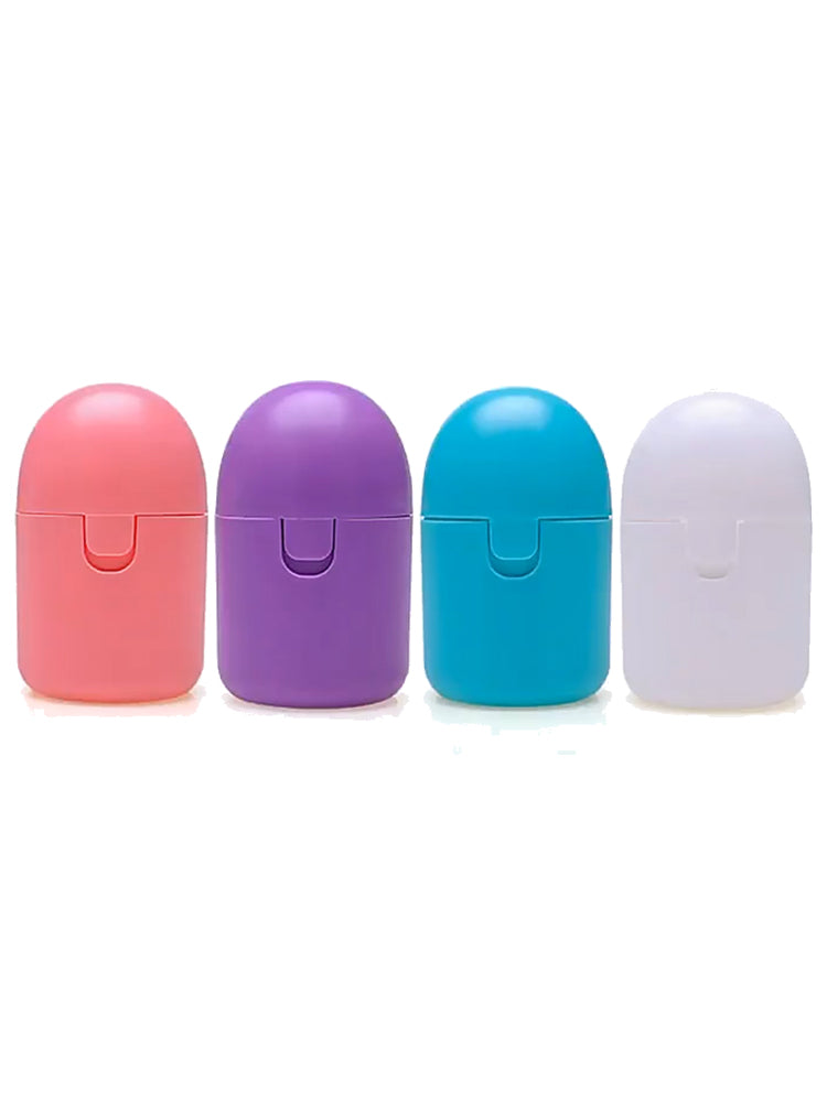 Four colorful lip balm containers on a white background
