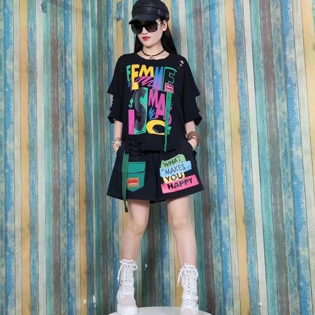Women's Printed Casual Sport Suit Top and Shorts Set