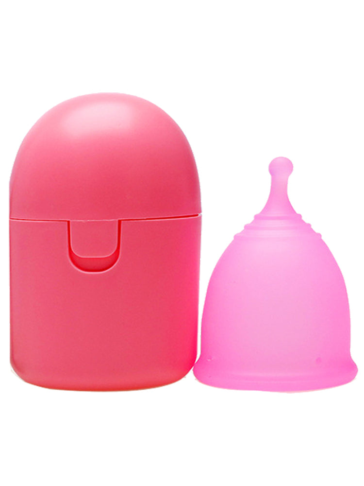 Pink silicone menstrual cup with its case on a white background