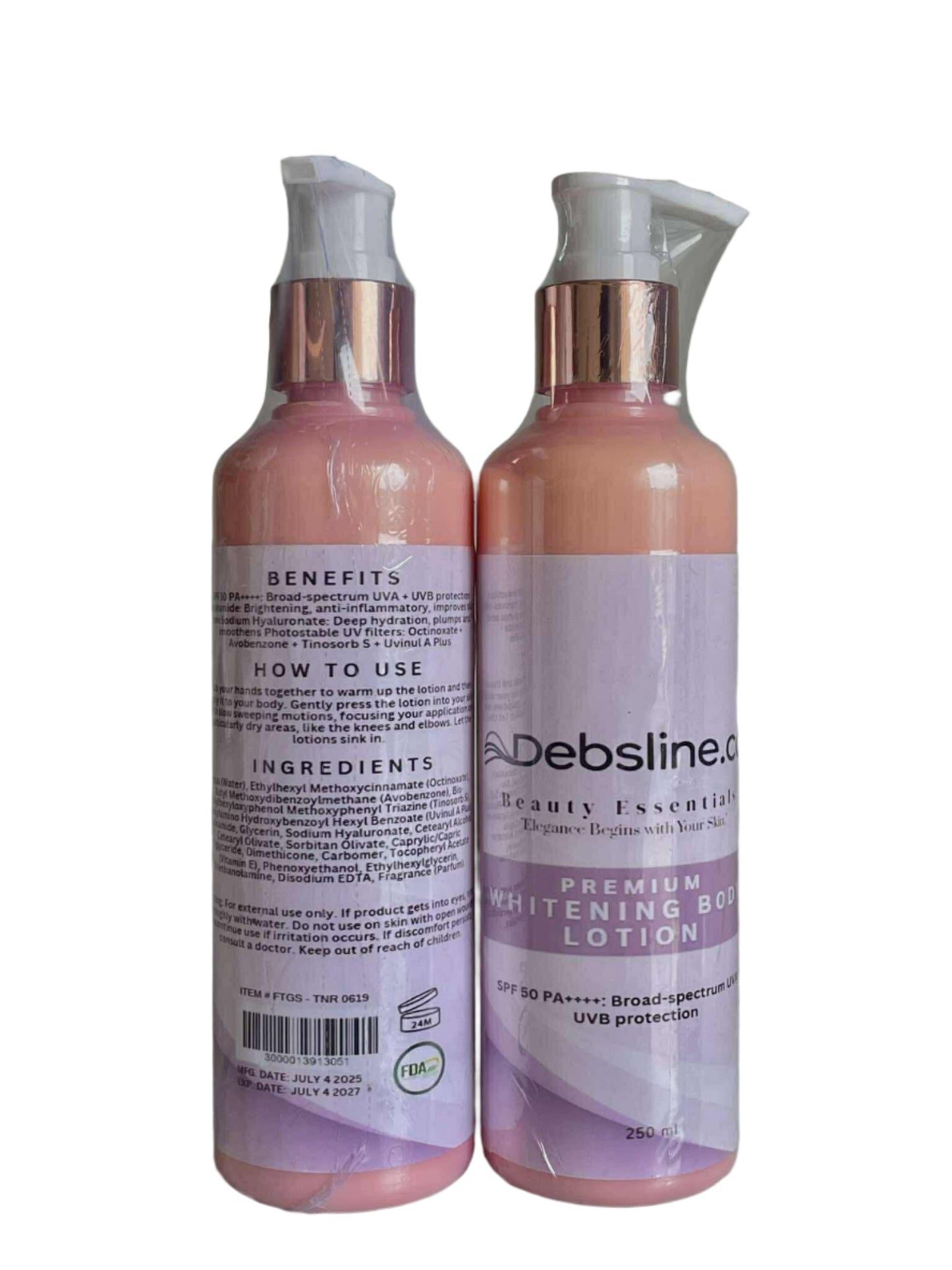 Debsline.co Premium Whitening Body Lotion SPF50 PA++++ Broad-spectrum UVA+UVB Protection 250ml