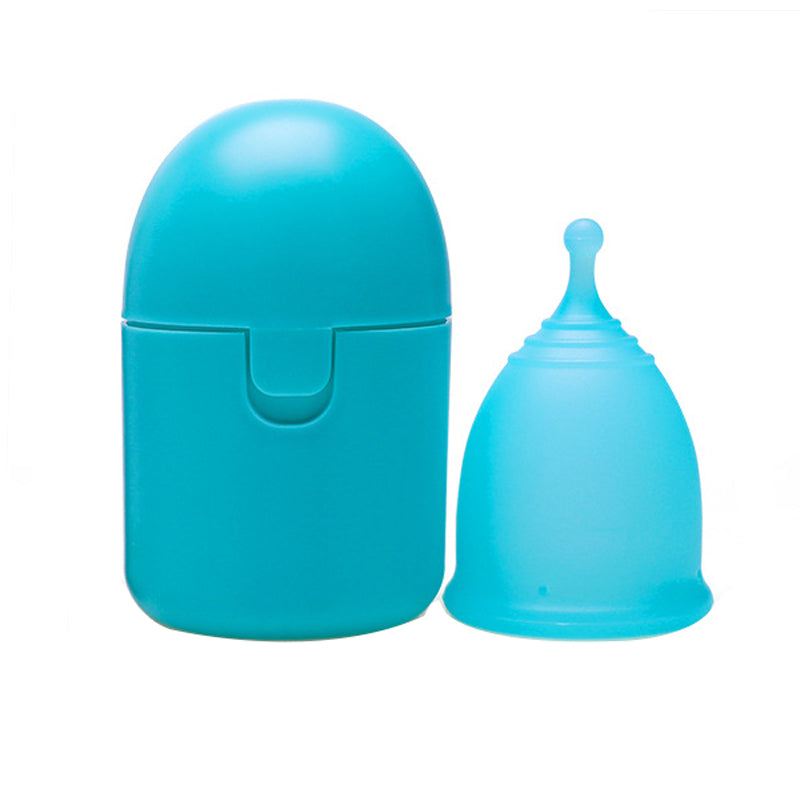 Blue menstrual cup and its carrying case on a white background