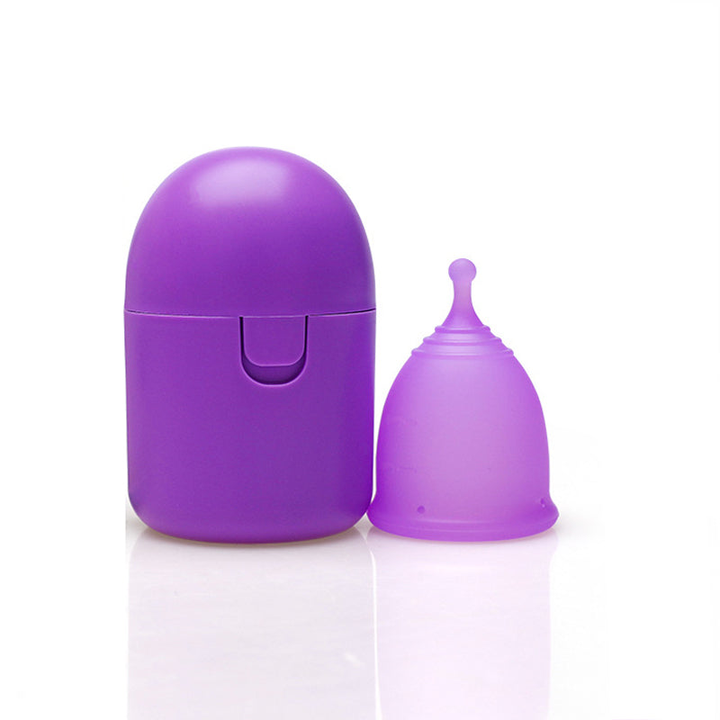 Purple menstrual cup and its carrying case on a white background