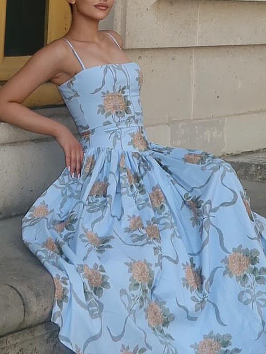 Sexy Printed Sling Dress Summer Slim - fit Backless Long Dress - Debslineph
