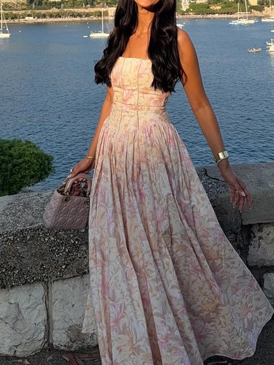 Sexy Printed Sling Dress Summer Slim - fit Backless Long Dress - Debslineph