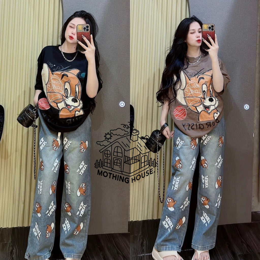 Women's Printed T-Shirt and Denim Wide - Leg Pants Set - Debslineph
